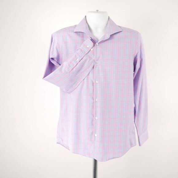 Pronto Uomo Pink‎ Blue Plaid 15.5 32/33 Non Iron Slim Fit Collared Dress Shirt - Picture 3 of 11